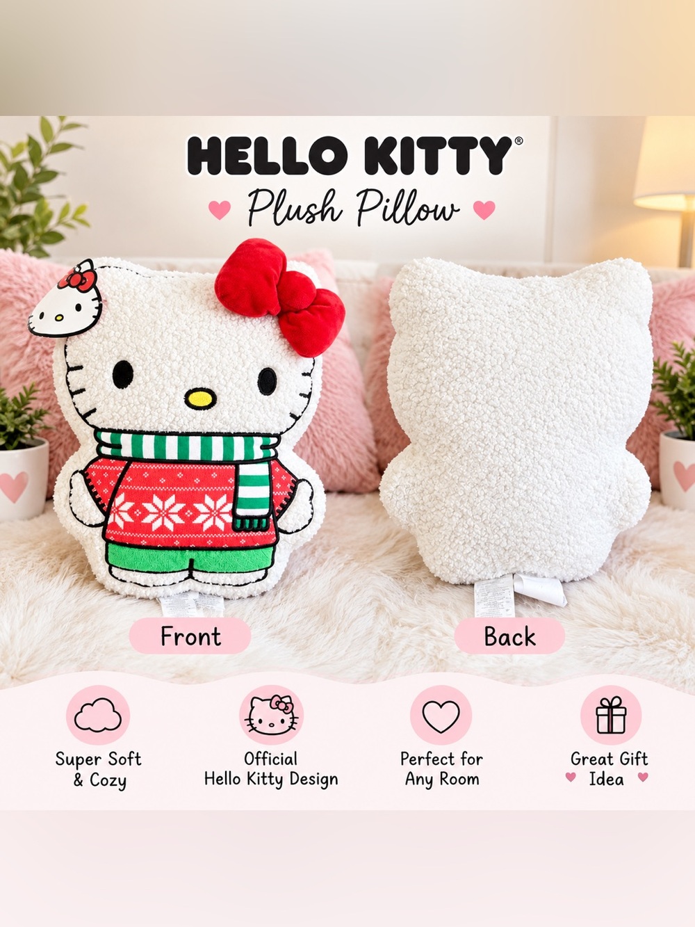 Sanrio Hello Kitty Christmas Sherpa Plush Pillow ❄️ Sweater & Scarf